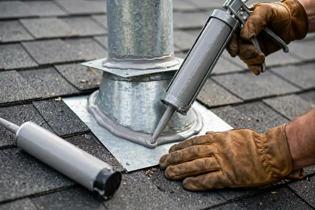 Gloved hands sealing the base of a metal vent pipe flashing on an asphalt shingle roof