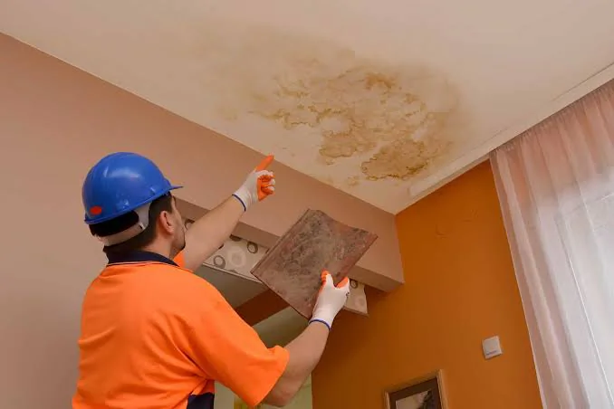 Contractor pointing at a large brown water stain spreading across an interior ceiling from a roof leak